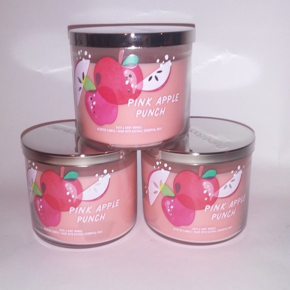 Set of 3 Bath & Body Works Scented Candle 3 Wick Pink Apple Punch 14.5oz Each Br - Picture 2 of 5